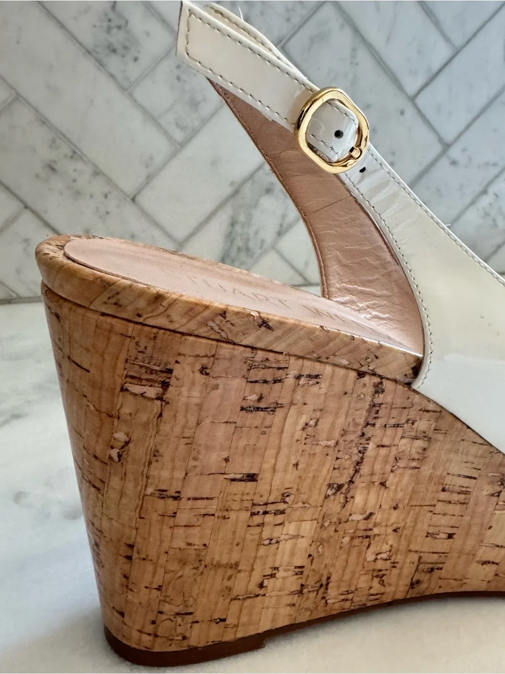 Stuart Weitzman White Patent Cork Platform Wedge Slingbacks 8.5 - Picture 2 of 15